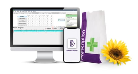 Preview of PharmaConnect on a computer screen next to a mobile phone and prescription bag