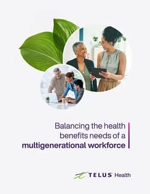 PDF snapshot showing a diverse group of employees from different generations collaborating, with the title 'balancing the health benefits needs of a multigenerational workforce'.