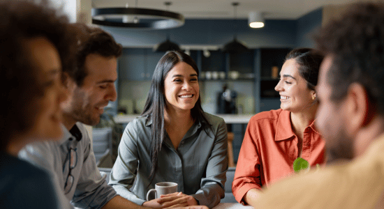 A group of work colleagues sitting at a table and having a conversation