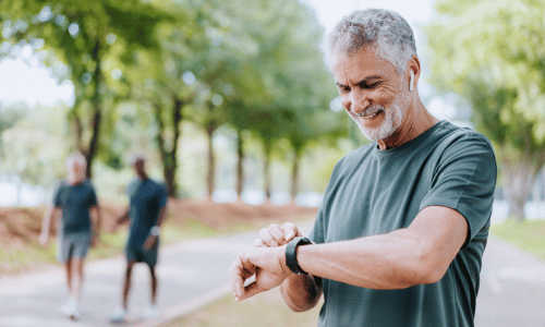 Older man finishing an outdoor walk